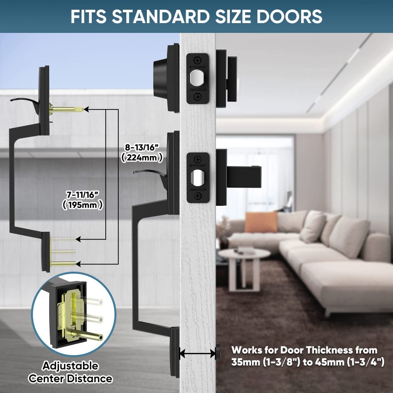 TICONN Front Door Handle Set  Heavy Duty Square Door Lever & Single Cylinder Deadbolt Combo Reversible for Entrance Exterior Doors (Matte Black) - Image 2